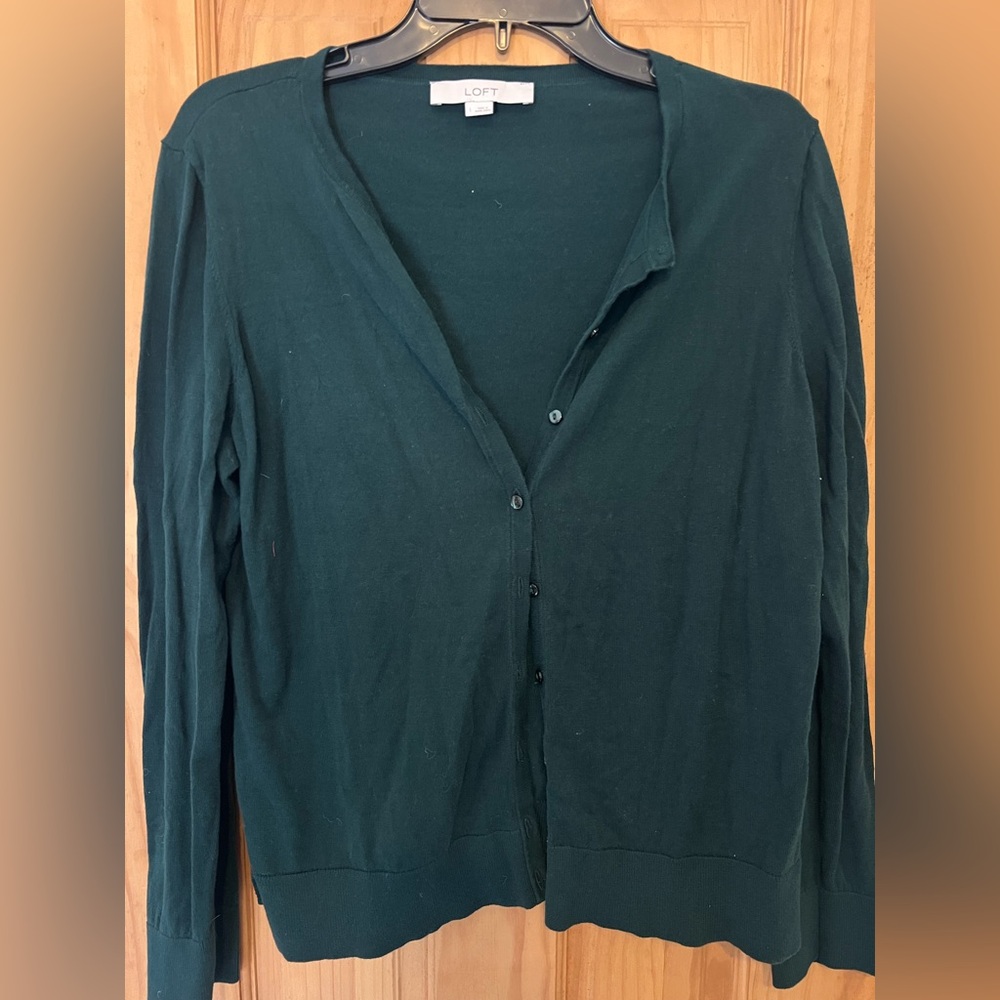 LOFT Dark Green V-Neck Button Cardigan